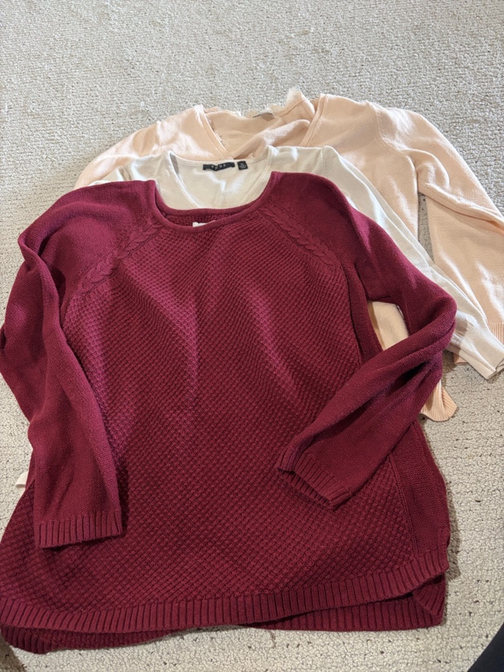 Cyrus Cream v Neck, Sonoma Burgundy, NY and Co Blush Sweater